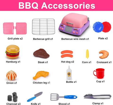 Image of Kids BBQ Grill Playset with Smoke Sound Light Play Kitchen Set Age 3-5 4-8 Pretend Food Barbecue Cooking Toy for 2 3 4 5 6 Year Old Girl Birthday Gift