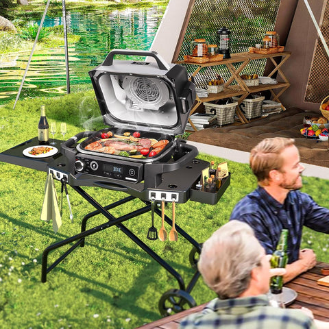 Image of Portable Grill Cart for Ninja Woodfire Grill OG700 Series, Folding Outdoor Grill Stand for Ninja OG701, Pit Boss 10697/10724, 22" Blackstone,Traeger Ranger Griddle with Table Shelf and Basket