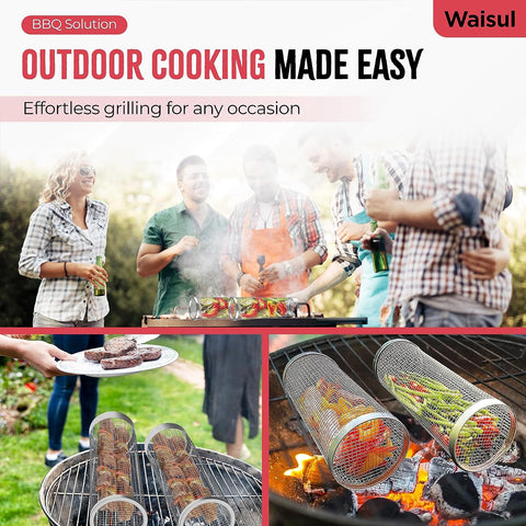Image of Rolling Grilling Basket, Grill Basket, 2 PCS Cylinder Stainless Steel Large round Barbecue Baskets, Portable Outdoor Camping BBQ Net Tube for Veggies, Fish, Vegetables, Grill Accessories Gifts for Men