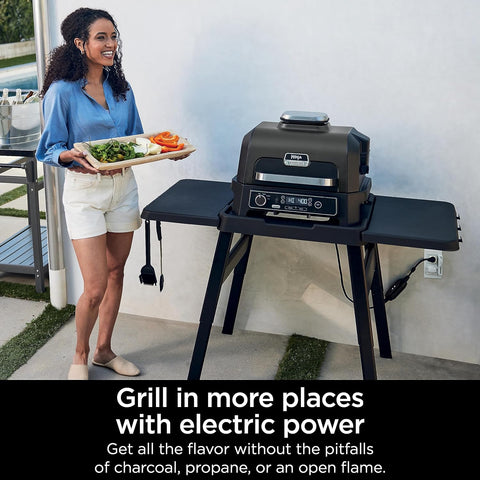 Image of OG850 Woodfire Pro XL Outdoor Grill & Smoker with Built-In Thermometer, 4-In-1 Master Grill, BBQ Smoker, Outdoor Air Fryer, Bake, Portable, Electric, Blue