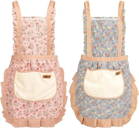 Image of 2Pcs Women Aprons with Pockets, Girls Floral Apron with Big Pocket Baking Soft Chef Aprons for Kitchen Cooking Baking