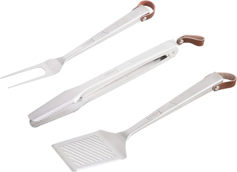 Image of Everdure BBQ Tool Kit - 3 Pack, Brushed Stainless Steel Tongs, Spatula and Fork with Soft Grip Handles and Leather Straps, Barbeque Grill Accessories and Cooking Utensils Set