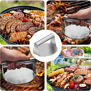 Stainless Steel Burger Press, Heavy-Duty Bacon Grill Burger Smasher with Silicone Brush, Non Stick Grill Press for BBQ Flat Top Griddle Cooking, Hamburger Patty Maker, Rust-Free and Easy to Clean