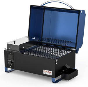 Onlyfire BBQ Wood Pellet Grill Smoker with Digital Control, LED Screen, Meat Probe & 2 Tiers Cooking Area, Portable Tabletop Grilling Stove for BBQ, Smoke, Bake and Roast, RV Camping, Blue