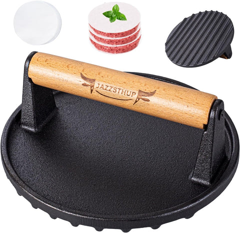 Image of Jazzsthup Smash Burger Press, 6.88" round Bacon Press with Wood Handle, Perfect Hamburger Press Patty Maker, Food-Grade Cast Iron Burger Smasher for Griddle Incl. 20Pcs Patty Paper