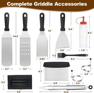 14PCS Griddle Accessories Kit, Flat Top Grill Accessories Set for Blackstone and Camp Chef, Grill Spatula Set with Enlarged Spatulas, Scraper for Outdoor Barbecue