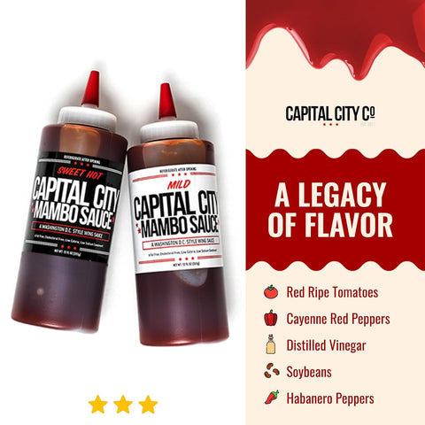 Image of Capital City Mambo Sauce - Variety 2 Pack - Sweet Hot & Mild | Washington DC Wing Sauces | Perfect Condiment Topping for Wings, Chicken, Pork, Beef, Seafood, Burgers, Rice or Noodles | 12 Fl Oz Bottles (2 Pack)