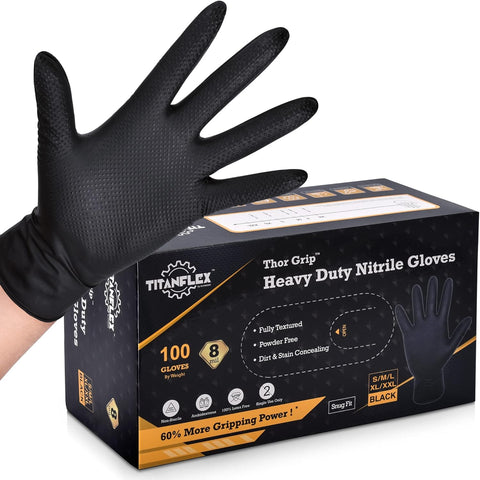 Image of Thor Grip Heavy Duty Black Industrial Nitrile Gloves with Raised Diamond Texture, 8-Mil, Latex Free, 100-Ct Box
