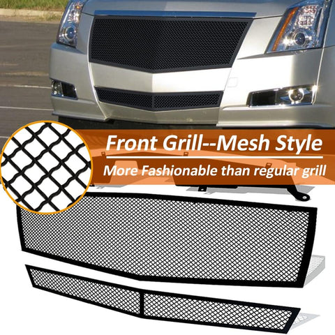 Image of Stainless Steel Mesh Grille Grill Insert Combo Compatible with 2008 2009 2010 2011 2012 2013 Cadillac CTS Include Upper+Lower (Black Powder Coated)
