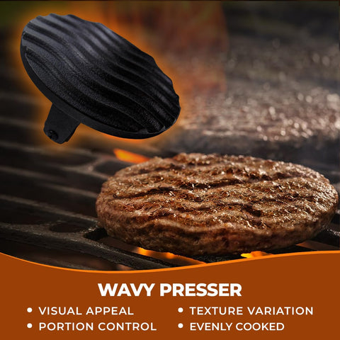 Image of MACKSGOODZ Smash Burger Press – 6" round Cast Iron Hamburger Press with Wooden Handle for Bacon Press & Meat Press – Wavy Grooved Burger Smasher for Griddle Press & Grill Press