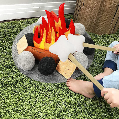 Image of 23 PCS Pretend Campfire Toys, Kids Plush Felt Play Campfire Playset Safe Fake Fire Wood Stones Toys Pretend Camping Play Set for Kids Toddlers Age 3-5