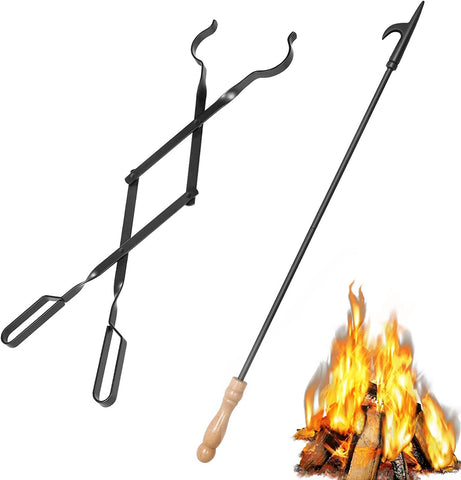 26" Fireplace Fire Pit Tongs & 32" Fire Pit Poker, Fireplace Wood Stove Firewood Tongs, Black Heavy Duty Wrought Iron Log Grabber Fire Pit Tools for Campfire, Fireplace, Bonfires, Indoor&Outdoor Use