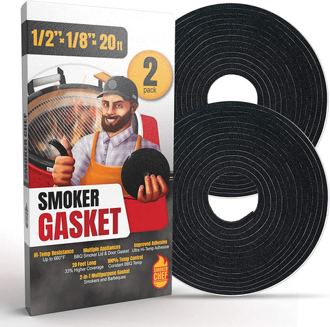 Image of Smoker Chef XXL 20 FT Grill Gasket for Smokers - Black 1/2’’ X 1/8’’ Hi Temp Seal Smoker Gasket – 2-Pack X 10 FT Self Stick Black Nomex Fire Tape for BBQ Lid – High Heat Temperature Material Replace