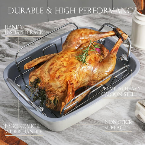 Image of KITESSENSU Nonstick Turkey Roasting Pan with Rack 17 X 14 Inch - Large Chicken Roaster Pan for Oven - Wider Handles & Heavy Duty Construction - Suitable for 24Lb Turkey, Cream
