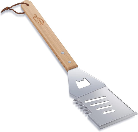 Image of Qinshaine 4-In-1 BBQ Spatula, Multifunction Grill Spatula with Wooden Handle, Perfect for BBQ Grills and Kebabs for Camping Picnics