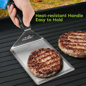HULISEN Stainless Steel Large Grill Spatula - 6 X 5 Inch Heavy-Duty Metal Spatula with Cutting Edges, Kitchen Griddle Accessories, Smashed Burger Turner Scraper for BBQ Grill and Flat Top Griddle