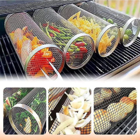 Image of Rolling Grilling Baskets for Outdoor - Grill Basket Set 12 in Large Stainless Steel Grill Mesh Barbeque Grill Accessories, Portable Grill Baskets for Outdoor Grill for Veggies Vegetable Fish Meat Food Picnic , Gift for Men