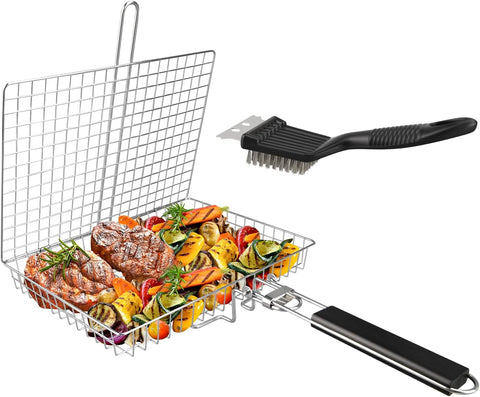 Image of Grill Basket, Large Folding Grilling Basket with Grill Cleaning Brush, Stainless Steel Grill Basket, for Chicken, Meat, Steak, Chops(1Pcs Large Grill Basket + 1Pcs Brush)