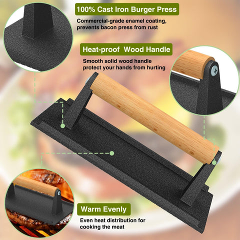 Image of Wildone Burger Press, 7" round & 8.2"X4.3" Rectangle Heavy-Duty Cast Iron Smash Bacon Press Meat Steak with Wood Handle for Griddle, Sandwich, Panini, Nonstick Pan