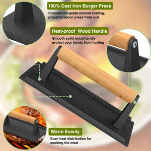 Wildone Burger Press, 7" round & 8.2"X4.3" Rectangle Heavy-Duty Cast Iron Smash Bacon Press Meat Steak with Wood Handle for Griddle, Sandwich, Panini, Nonstick Pan