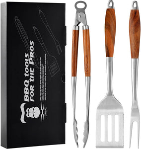 GRILAZ Heavy-Duty Rose Wooden BBQ Grilling Tools Set. Extra Thick Stainless Steel Multi-Function Spatula, Fork & Tongs | Essential Accessories for Barbecue & Grill. Ideal Gift for Father
