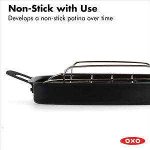 OXO Obsidian Pre-Seasoned Carbon Steel, 15" X 10.5" Roasting Pan with Stainless Steel Roaster Rack, Induction, Black