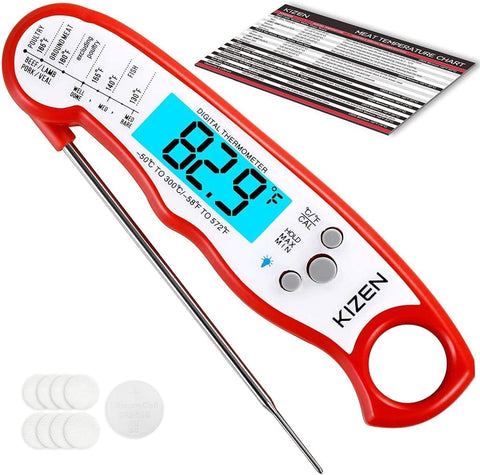 Image of Digital Meat Thermometer with Probe - Instant Read Food Thermometer for Cooking, Grilling, BBQ, Baking, Liquids, Candy, Deep Frying, and More - Red/White