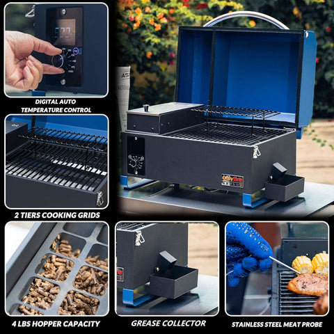 Image of Onlyfire BBQ Wood Pellet Grill Smoker with Digital Control, LED Screen, Meat Probe & 2 Tiers Cooking Area, Portable Tabletop Grilling Stove for BBQ, Smoke, Bake and Roast, RV Camping, Blue