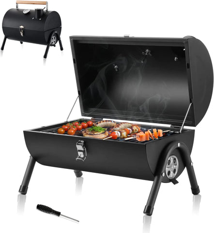 Image of Portable Charcoal Grill, Hasteel Small Folding Outdoor Grill, Mini Black Barbecue Grill with Thermometer, Compact Tabletop BBQ Grill for Camping Picnic Backyard Patio, 116 Square Inches & Screwdriver