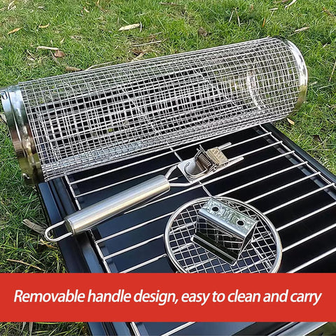 Image of ZXJHGXS Grill Basket 2 PCS, BBQ Grill Basket, Rolling Grilling Baskets for Outdoor Grilling，Grill Accessories，Stainless Steel for Outdoor Grill ，For Fish, Shrimp, Meat, Vegetables, Fries