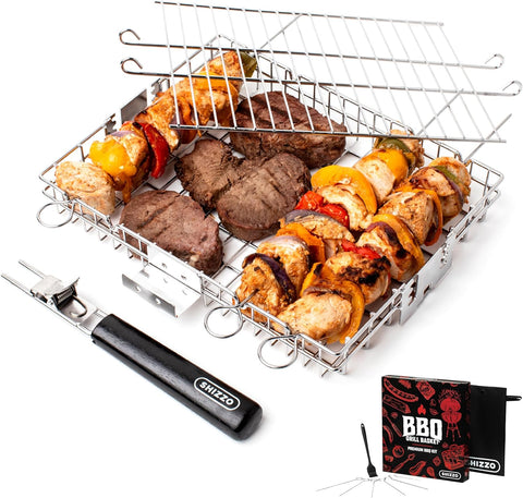 Image of SHIZZO Adjustable Grill Basket, Barbecue BBQ Grilling, Stainless Steel Folding Portable Outdoor Camping Rack for Fish, Shrimp, Vegetables, Cooking Accessories, Gifts for Father, Husband