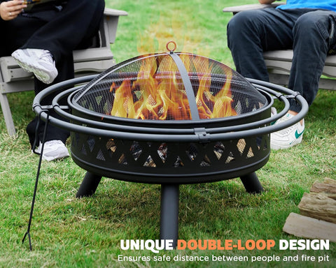 Image of Fissfire 35 Inch Fire Pit, Outdoor Wood Burning Fire Pit Crossweave with Spark Screen Fire Poker with 2 Loops, for Backyard Patio Garden Bonfire, Black