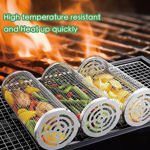 Grill Basket, 2 PCS Rolling Grilling Basket, Grill Accessories, Stainless Steel BBQ Grill Accessories, Rolling Grilling Baskets for Outdoor Rrilling, Rolling Vegetable Grill Basket, Gifts for Men