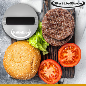 Pattiebros Stainless Steel Burger Press 6.2In | Hamburger Press with Rubber Handle | Smash Burger Press for Griddle | Burger Smasher Grill Press | Meat Press | Griddle Accessories Kit | Grill Press