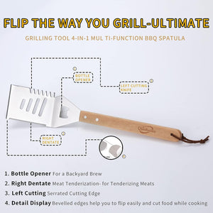 Qinshaine 4-In-1 BBQ Spatula, Multifunction Grill Spatula with Wooden Handle, Perfect for BBQ Grills and Kebabs for Camping Picnics