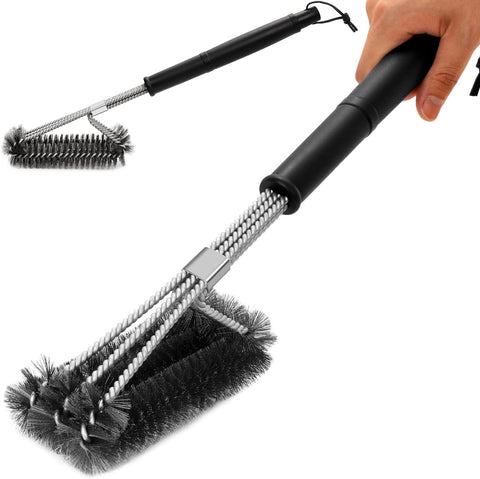 Image of NEXCOVER BBQ Grill Brush – 18” Barbecue Cleaning Brush, Stainless Steel Grill Grate Cleaner, Safe Wire Scrubber, 3 in 1 Bristles BBQ Brush, Triple-Headed BBQ Tools, Grill Accessories for Grill Grates