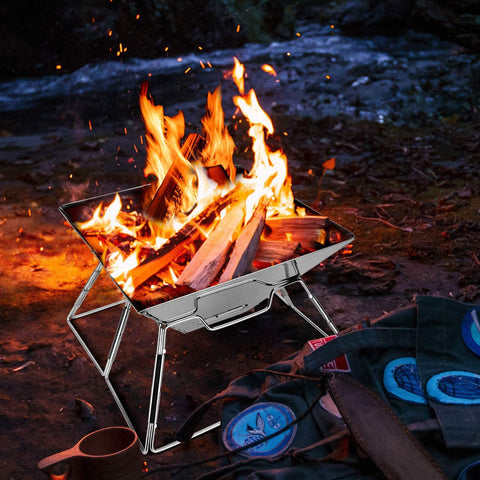 Image of Odoland Folding Campfire Grill, 304 Stainless Steel Grate Barbeque Grill, Portable Camping Grill with Legs for Picnics, Backpacking, Outdoor with Carrying Bag and Kitchen Tongs