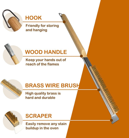 Image of Pizza Oven Brush, 22” Pizza Stone Cleaning Brush - Copper Wire Pizza Brush with Wooden Handle and Stainless Steel Scraper, Pizza Oven Accessories for Outdoor Pizza Grill Cleaning