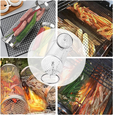 Image of Rolling Grilling Baskets for Outdoor - Grill Basket Set 12 in Large Stainless Steel Grill Mesh Barbeque Grill Accessories, Portable Grill Baskets for Outdoor Grill for Veggies Vegetable Fish Meat Food Picnic , Gift for Men