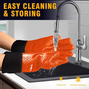 Grilling Gloves - Heat Resistant Silicone Oven Mitt, Premium Non-Slip Silicone Internal Protective Cotton Layer, Waterproof, Great for Grilling, Kitchen and Cooking (Orange)
