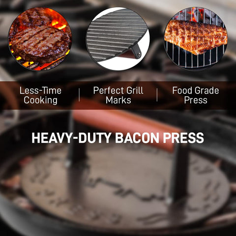 Image of Bellemain Bacon Press 8.5-Inch round | Heavy-Duty Cast Iron Grill Press for Perfectly Seared Bacon, Steak & Sandwiches | Equalized Weight Distribution | Food-Grade Press with Wood Handle | 3 Lbs