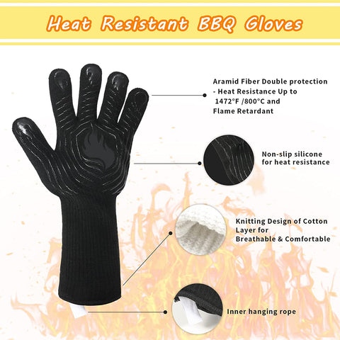 Image of BBQ Gloves, 1472°F Heat Resistant Fireproof Mitts, Silicone Non-Slip Washable Oven Kitchen Gloves for Barbecue, Grilling, Cooking, Baking, Camping, Smoker (Black)