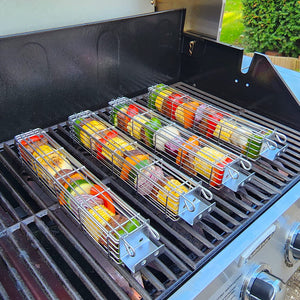 BRAIZE Large Kabob Grilling Baskets Set of 4 W/ Removable Handle - Stainless Steel Vegetable Grill Baskets for Outdoor Grill Utensils - Large Capacity (12 X 2 X 2) Secure Easy-Latch Lid. Great Camping Cooking Gear for Your Campfire Grill.
