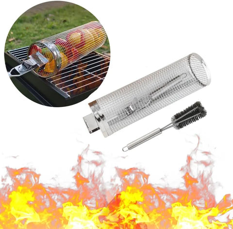 Image of Rolling Grilling/Barbeque Baskets with Handle-Stainless BBQ Grill Mesh for Outdoor Camping/Grilling- Multipurpose Grilling Accessories Barbecue Rack/Net for Meat, Vegetables, Chips, French Fries, Fish