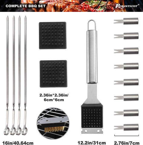 Image of ROMANTICIST 23Pc Must-Have BBQ Grill Accessories Set with Thermometer in Case - Stainless Steel Barbecue Tool Set with 2 Grill Mats for Backyard Outdoor Camping - Best Grill Gift for on Birthday