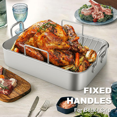 Image of Roasting Pan, EWFEN 17*13 Inch Stainless Steel Turkey Roaster with Rack - Deep Broiling Pan & V-Shaped Rack & Flat Rack, Non-Toxic & Heavy Duty, Great for Thanksgiving Christmas Roast Chicken Lasagna
