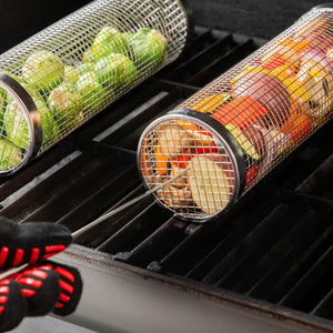 BLAZIN' GRILL Rolling Grill Basket | 2 Rolling Grilling Baskets for Outdoor Grilling | ALL-IN-ONE Barbecue Grill Set with BBQ Gloves | Perfect Grill Basket for Veggies, Seafood, Chips & Meats | 304 Stainless Steel & 0.8Mm Strong Mesh |