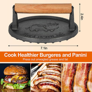 Finderomend Hamburger Press,Cast Iron Grill Press,Heavy Duty Smash Meat,Bacon,Steak & Burger Press with Wooden Handle for Blackstone Pitboss Weber Treager Griddle (Calf-Round 1)