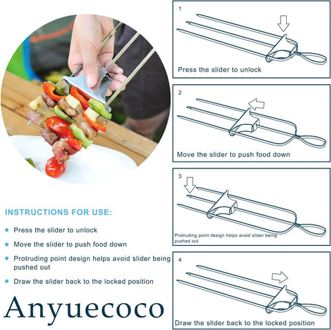 Image of Anyuecoco Skewers for Kabobs,14 Inch 3-Prong Kabob Skewers for Grilling,Stainless Steel Skewer,With Push Bar Reusable Metal Skewer,Kabob Sticks,Perfect for Meat,Chicken,Sausages,Veggies,Shrimp (2 Pcs)