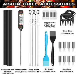 AISITIN Grill Accessories 25PCS BBQ Tools Set Stainless Steel Grilling Kit with Thermometer, Fork, Tongs and Spatula, Grill Mat - Gifts for Dad Durable, Stainless Steel Grill Tools